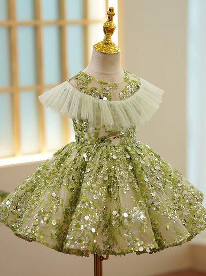 Cute Sage Green Sequin Flower Girl Dress – Puffy Ball Gown for Parties & Weddings