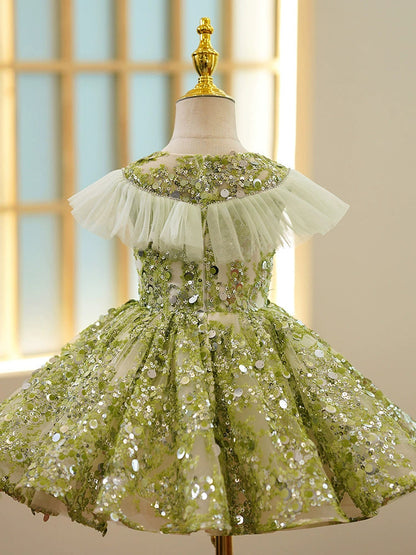 Sage Green Sequin Puffy Flower Girl Dress - Sage Green / 3-4 Years (110cm) - Fleur Kids Sage Green Sequin Puffy Flower Girl Dress - Sage Green / 3-4 Years (110cm) - Fleur Kids