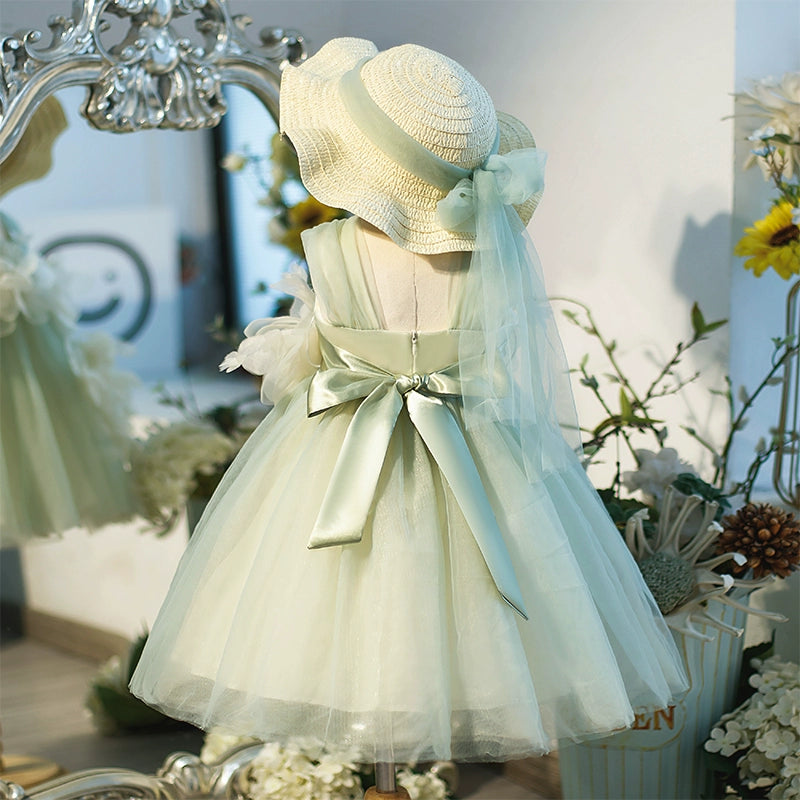 sage green flower girl dress Sage Green Tulle A-Line Flower Girl Dress with V-Neck and Floral Appliqué - Sage Green / 3-4 Years (110cm)
