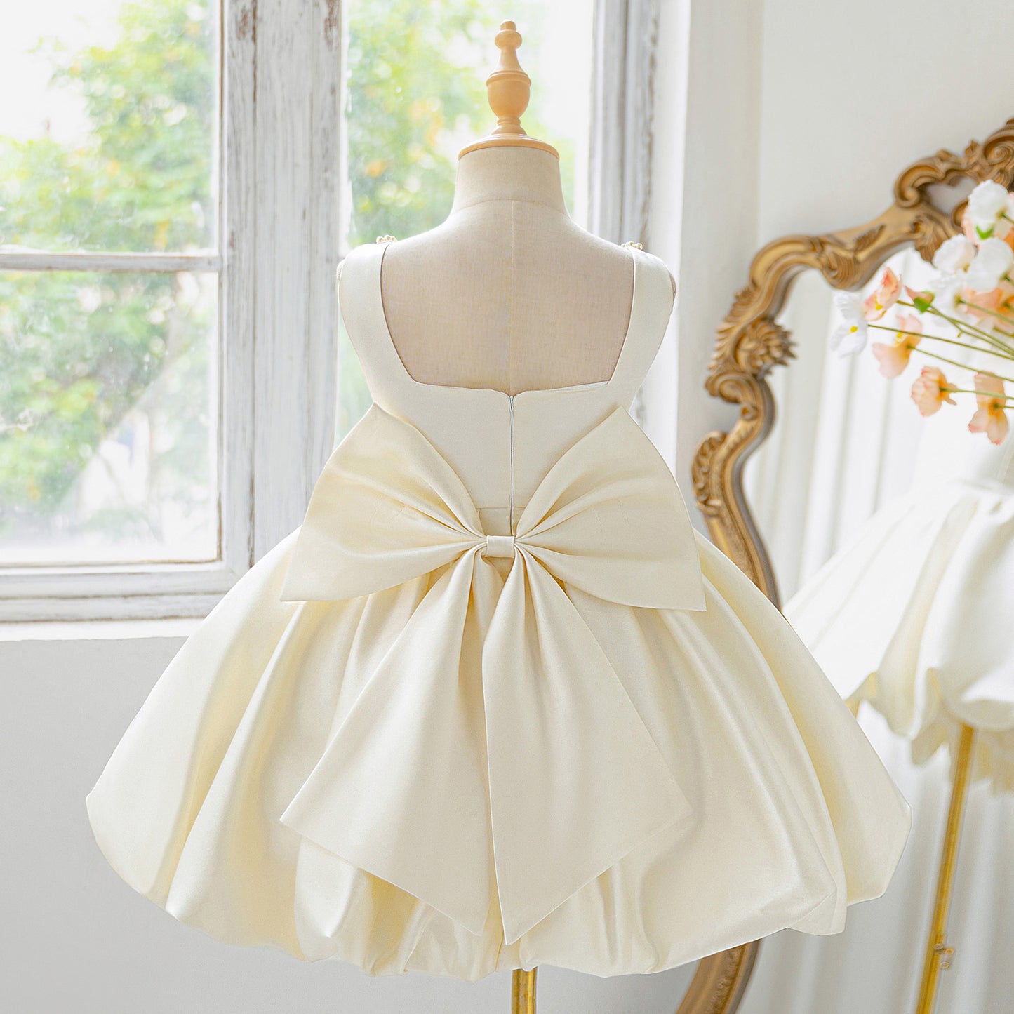 Pink Satin A-Line Sequin Bow Party Dress for Girls (3-10Y)