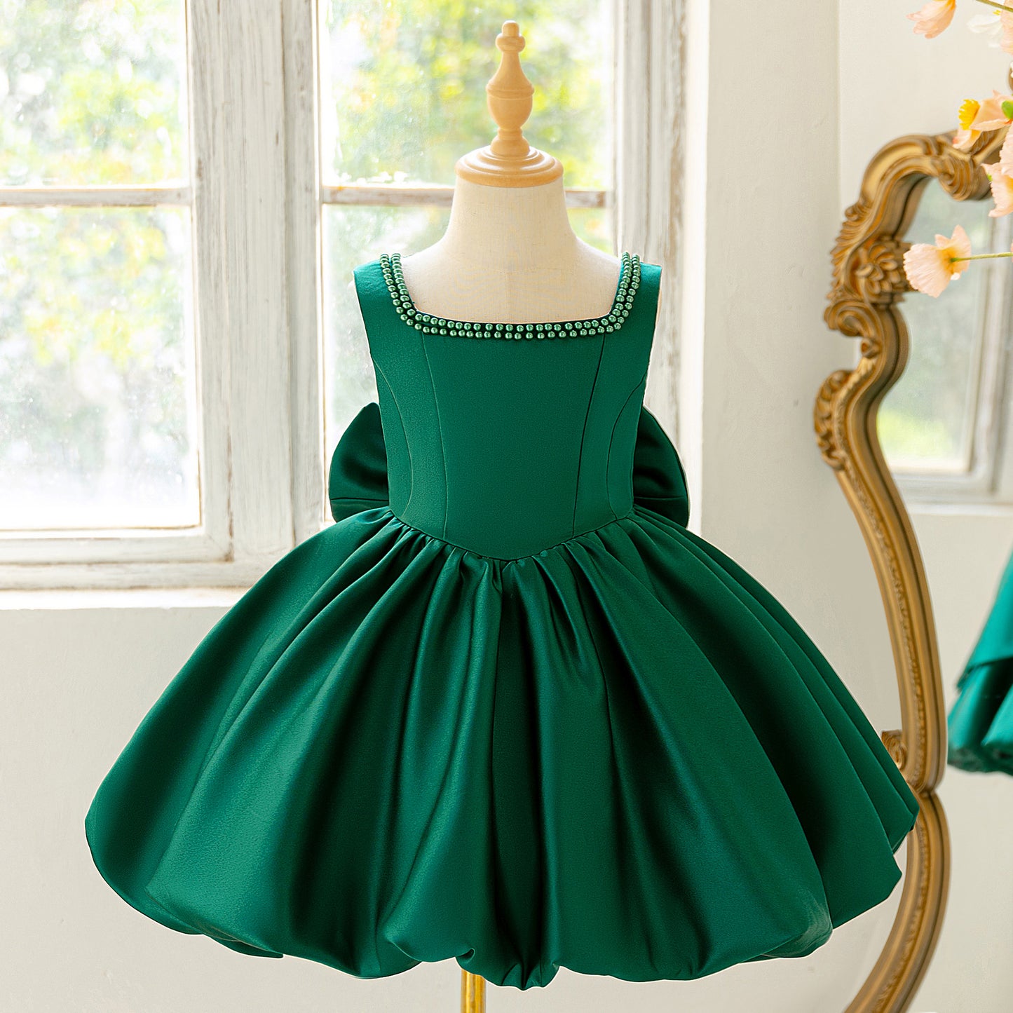 Pink Satin A-Line Sequin Bow Party Dress for Girls (3-10Y)