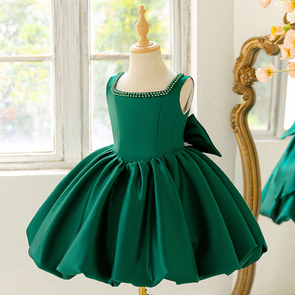 Pink Satin A-Line Sequin Bow Party Dress for Girls (3-10Y)