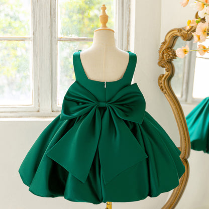 Pink Satin A-Line Sequin Bow Party Dress for Girls (3-10Y)