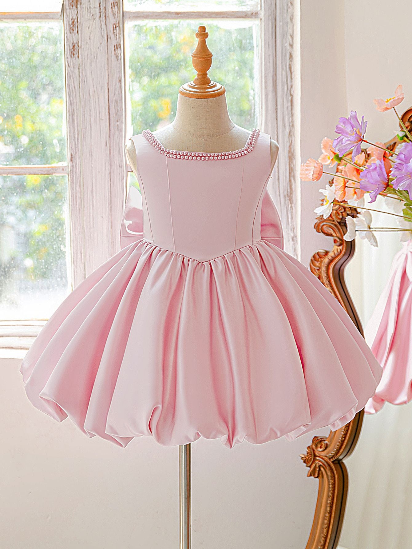 Pink Satin A-Line Sequin Bow Party Dress for Girls (3-10Y)