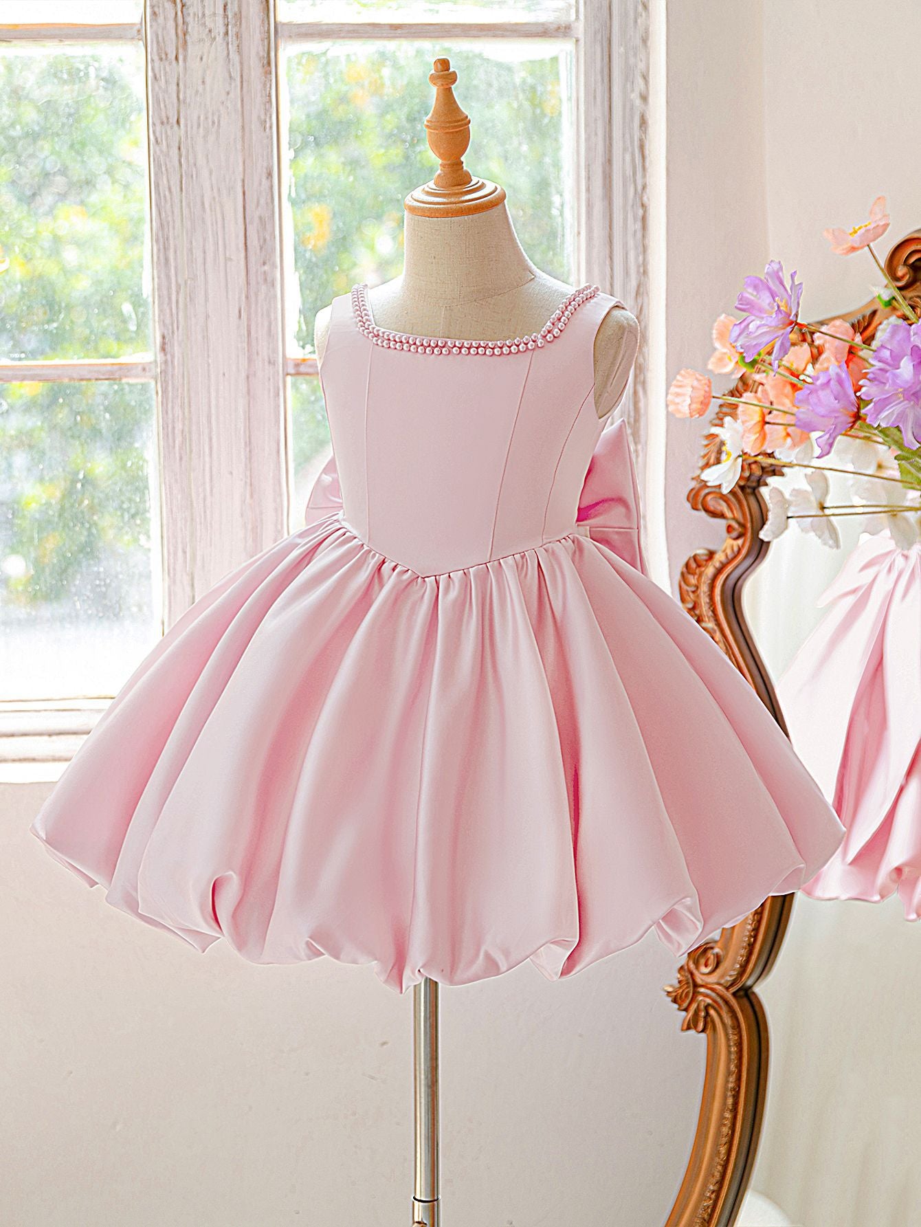 Pink Satin A-Line Sequin Bow Party Dress for Girls (3-10Y)