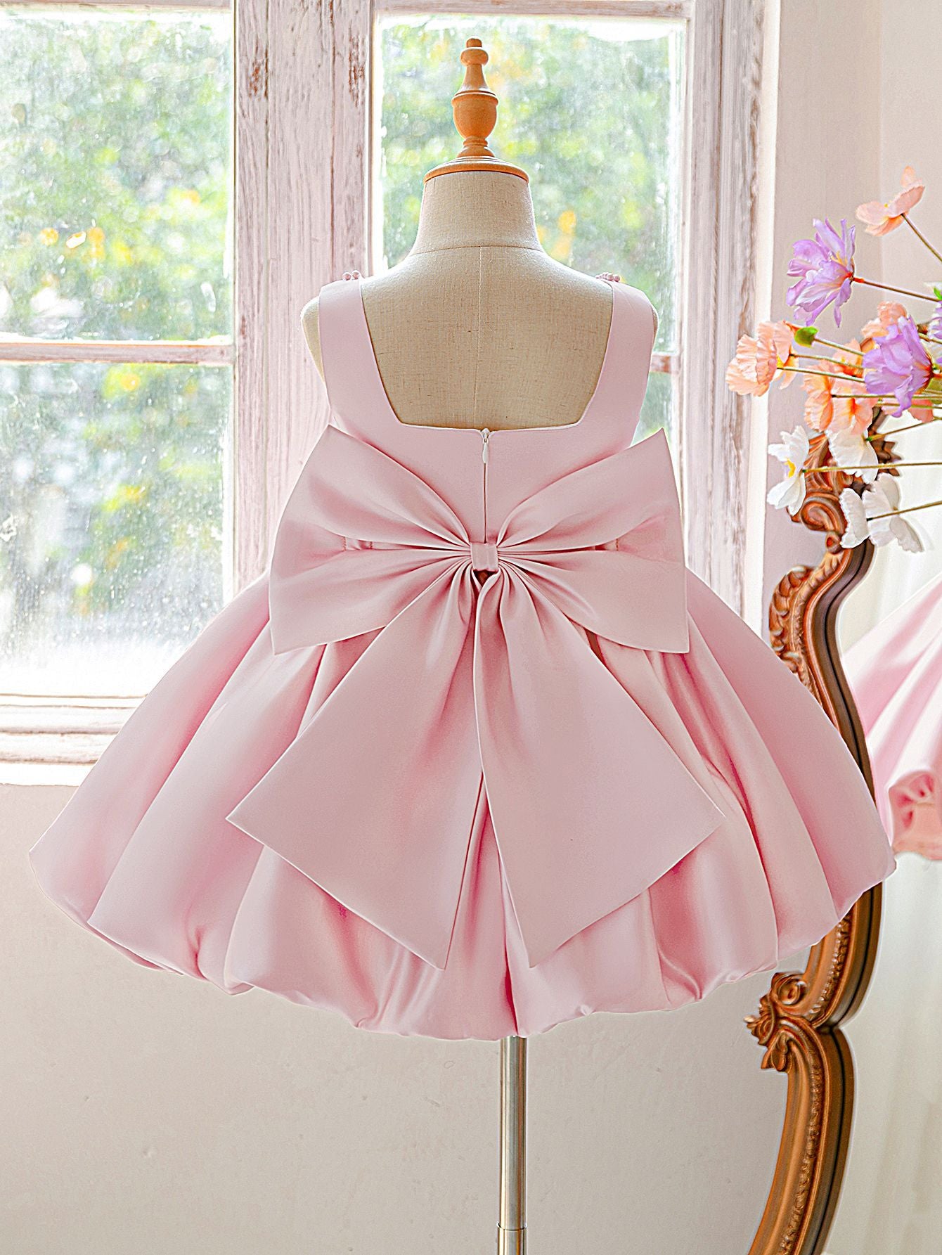 Pink Satin A-Line Sequin Bow Party Dress for Girls (3-10Y)