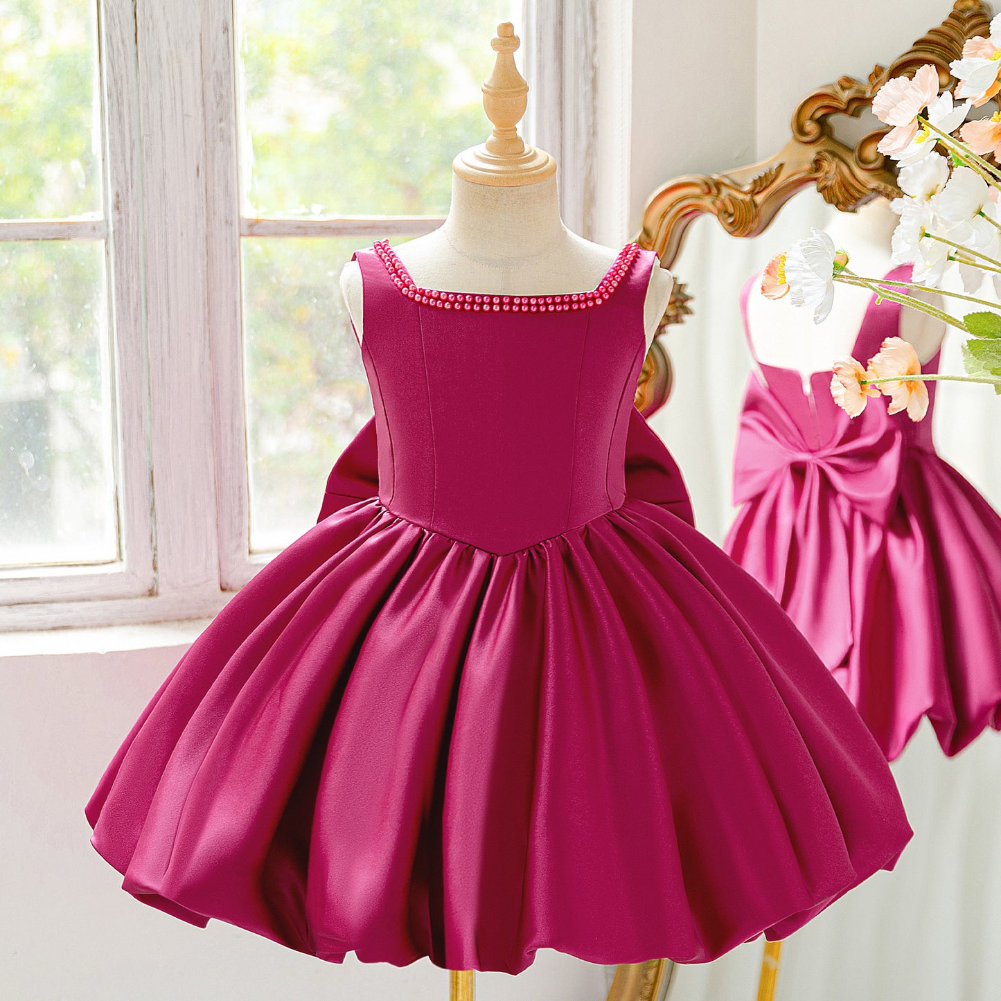 Pink Satin A-Line Sequin Bow Party Dress for Girls (3-10Y)