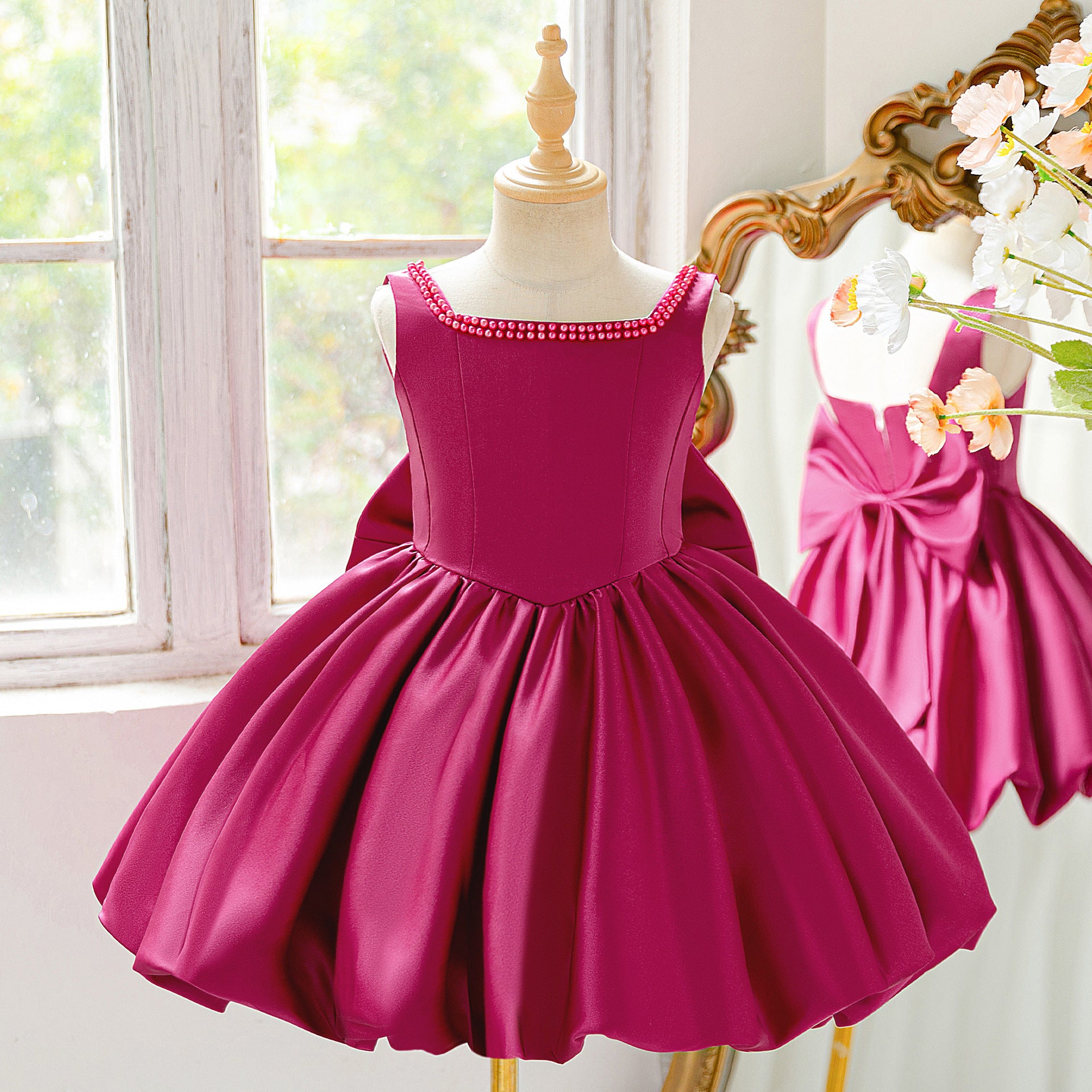Pink Satin A-Line Sequin Bow Party Dress for Girls (3-10Y)