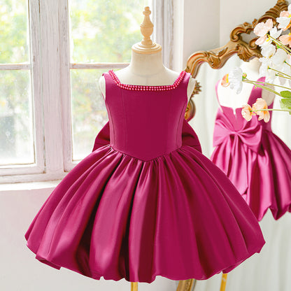 Pink Satin A-Line Sequin Bow Party Dress for Girls (3-10Y)