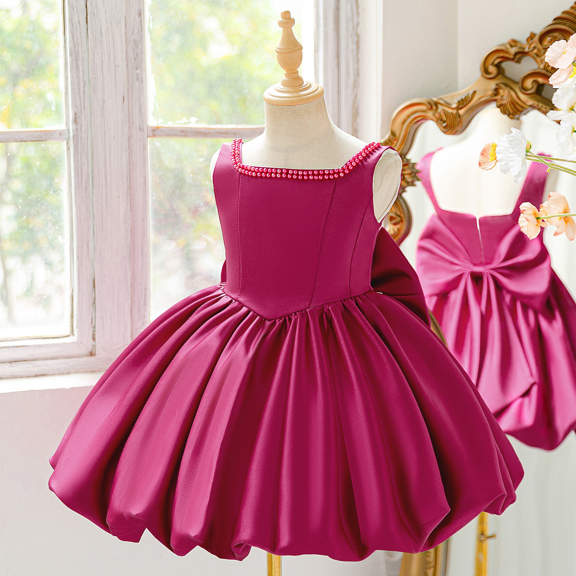 Pink Satin A-Line Sequin Bow Party Dress for Girls (3-10Y)