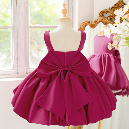Pink Satin A-Line Sequin Bow Party Dress for Girls (3-10Y)