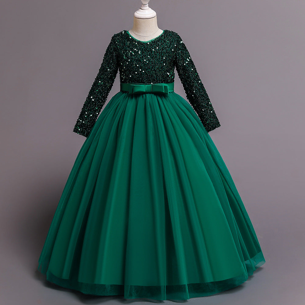 Sequin Princess A-Line Maxi Dress for Girls (Ages 4-13) | Long Sleeve Flower Girl Gown