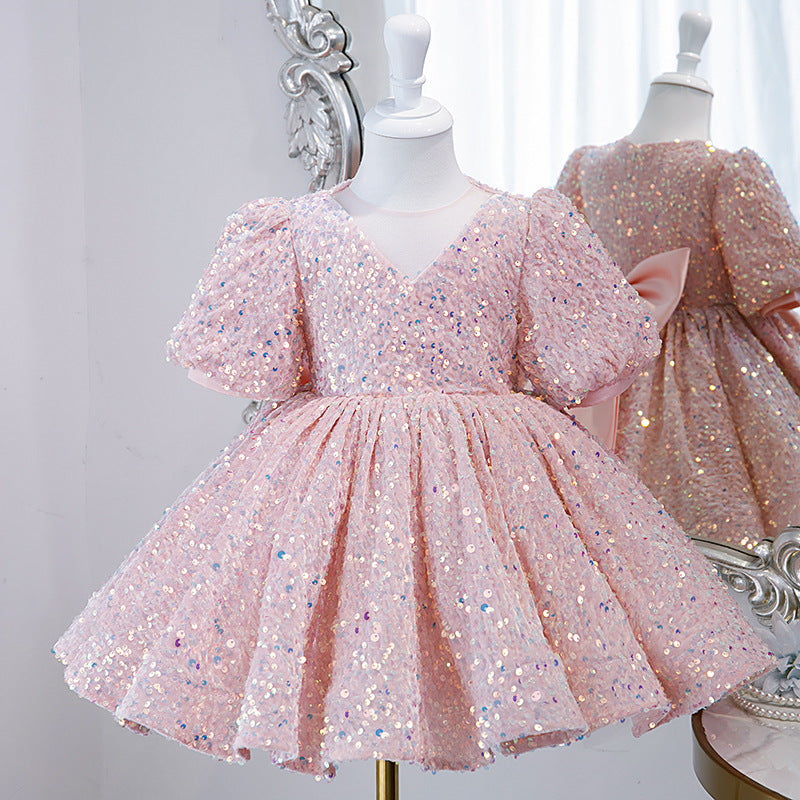 Pink Sequin V-Neck Flower Girl Dress for Parties & Celebrations | Cute Formal Kids Dress
