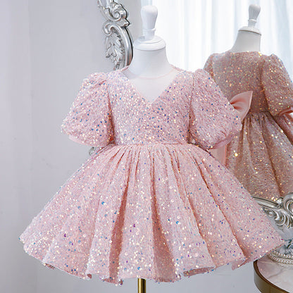 Pink Sequin V-Neck Flower Girl Dress for Parties & Celebrations | Cute Formal Kids Dress