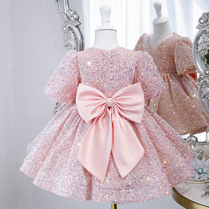 Pink Sequin V-Neck Flower Girl Dress for Parties & Celebrations | Cute Formal Kids Dress