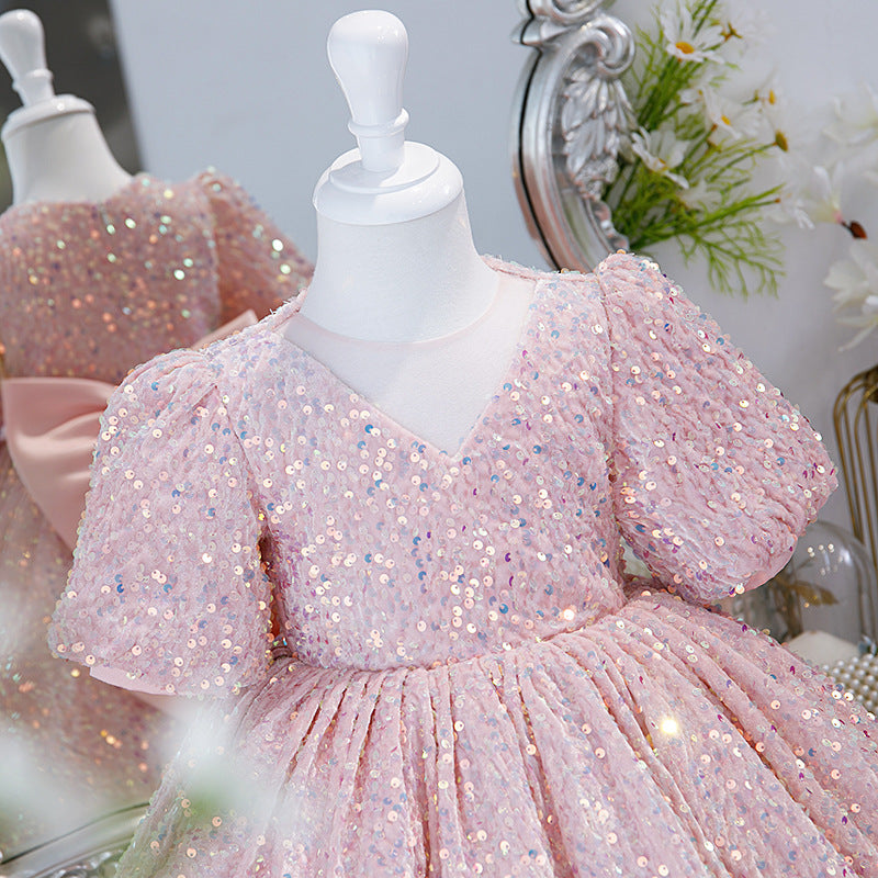 Pink Sequin V-Neck Flower Girl Dress for Parties & Celebrations | Cute Formal Kids Dress