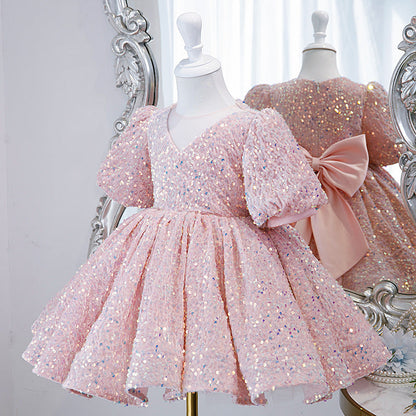 Pink Sequin V-Neck Flower Girl Dress for Parties & Celebrations | Cute Formal Kids Dress