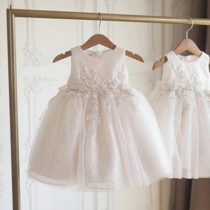 Adorable A-Line Sequin Embroidered Baby Dress | White Knee-Length Party Outfit