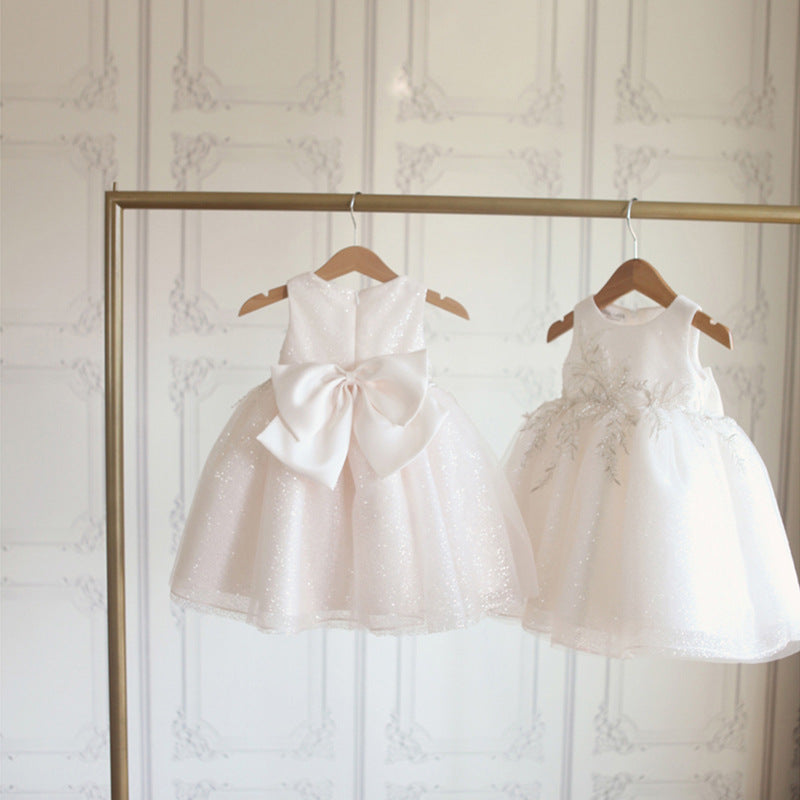 Adorable A-Line Sequin Embroidered Baby Dress | White Knee-Length Party Outfit