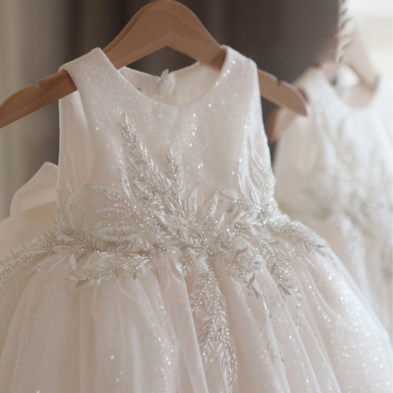 Adorable A-Line Sequin Embroidered Baby Dress | White Knee-Length Party Outfit