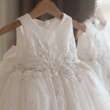 Adorable A-Line Sequin Embroidered Baby Dress | White Knee-Length Party Outfit