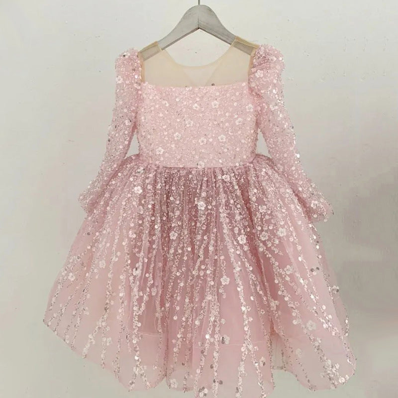 Adorable Sequin A-Line Party Dress for Girls | Tea Length Illusion Neck