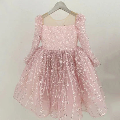Adorable Sequin A-Line Party Dress for Girls | Tea Length Illusion Neck