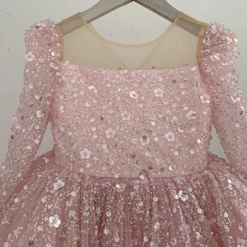 Adorable Sequin A-Line Party Dress for Girls | Tea Length Illusion Neck