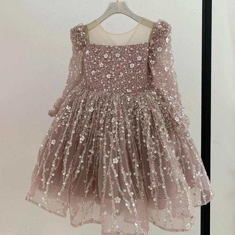 Adorable Sequin A-Line Party Dress for Girls | Tea Length Illusion Neck