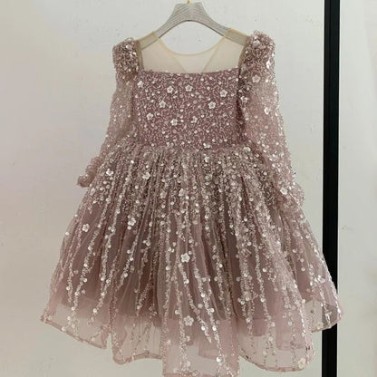 Adorable Sequin A-Line Party Dress for Girls | Tea Length Illusion Neck