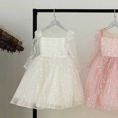 Adorable Sequin A-Line Party Dress for Girls | Tea Length Illusion Neck