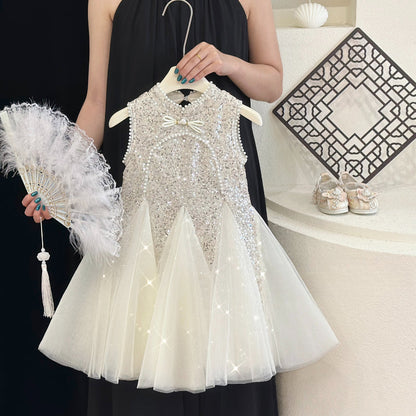 Sequin Princess Party Dress for Girls | Beige Flower Girl Summer Outfit
