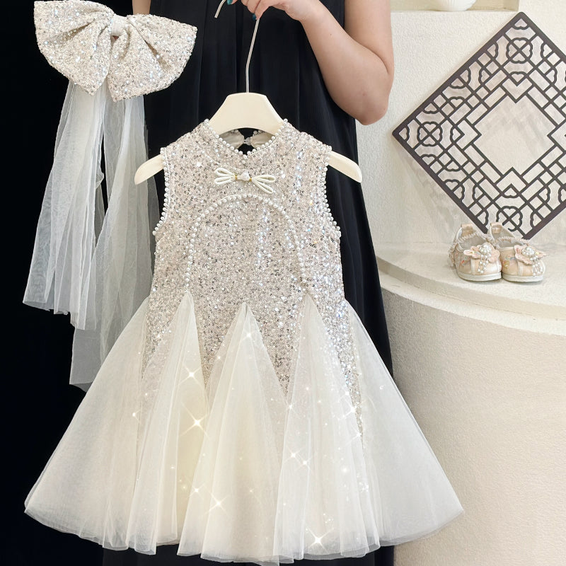 Sequin Princess Party Dress for Girls | Beige Flower Girl Summer Outfit