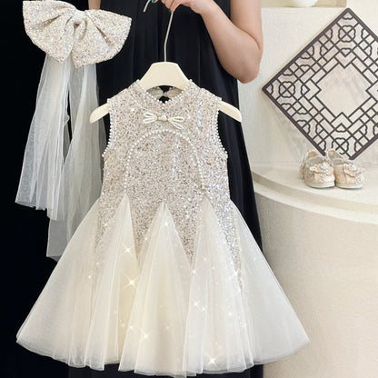 Sequin Princess Party Dress for Girls | Beige Flower Girl Summer Outfit