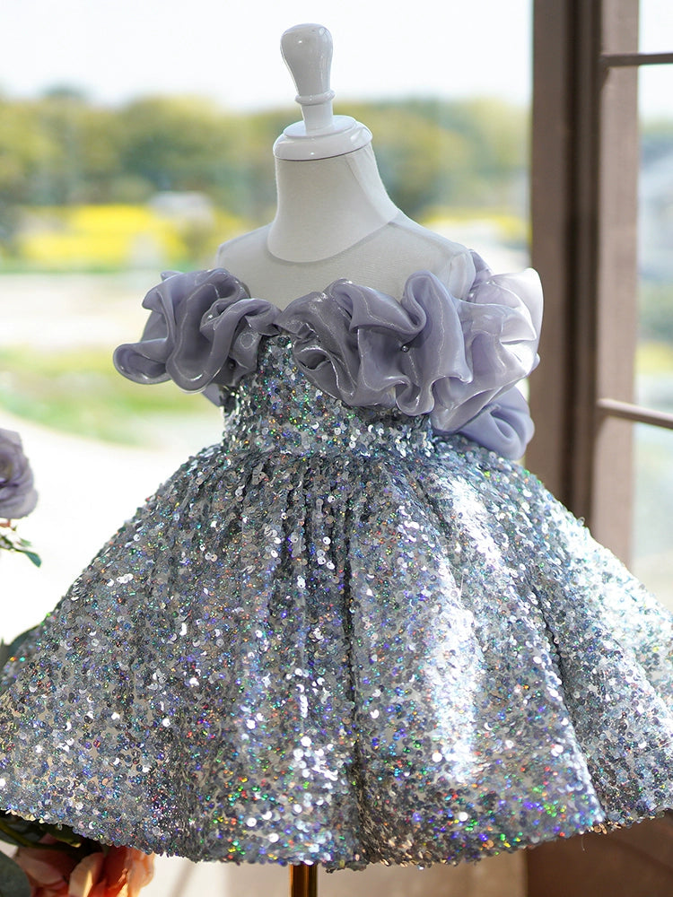 Silver Sequin A-Line Flower Girl Dress with Illusion Neckline - Silver / 2-3 Years (100cm) - Fleur Kids Silver Sequin A-Line Flower Girl Dress with Illusion Neckline - Silver / 2-3 Years (100cm) - Fleur Kids