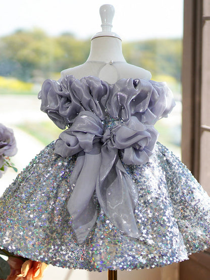 Silver Sequin Flower Girl Dress – Knee-Length A-Line, Illusion Neckline