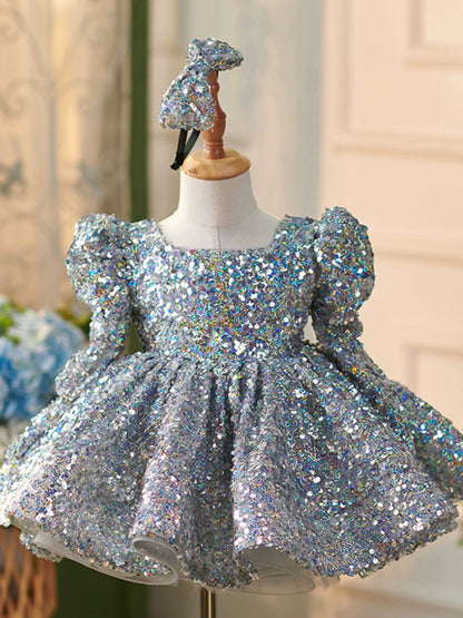 Silver Sequin Ball Gown Dress for Girls – Princess Puff Sleeve Party Dress