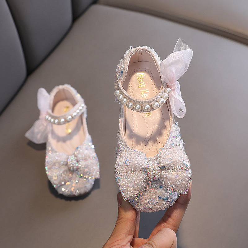 Girls' Sparkly Closed-Toe Dress Shoes with Pearls & Bows | Flower Girl Party Shoes