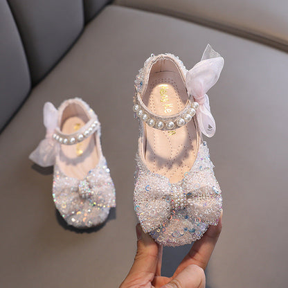 Girls' Sparkly Closed-Toe Dress Shoes with Pearls & Bows | Flower Girl Party Shoes