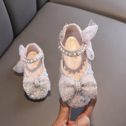 Girls' Sparkly Closed-Toe Dress Shoes with Pearls & Bows | Flower Girl Party Shoes