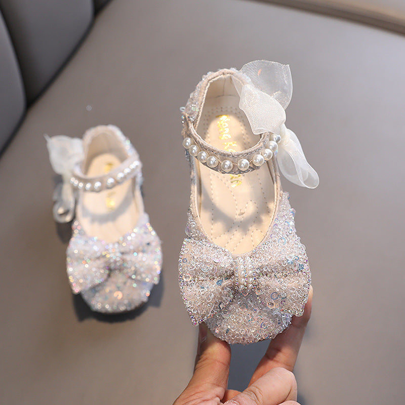 Girls' Sparkly Closed-Toe Dress Shoes with Pearls & Bows | Flower Girl Party Shoes