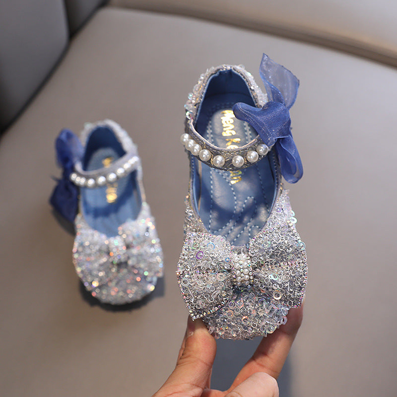 Girls' Sparkly Closed-Toe Dress Shoes with Pearls & Bows | Flower Girl Party Shoes