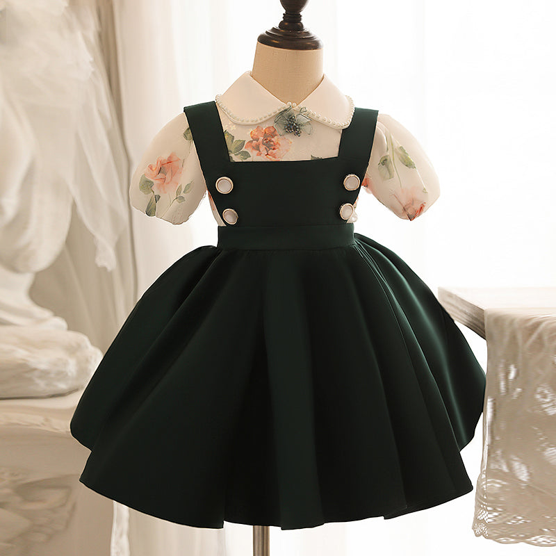 Sweet Green Satin Princess A-Line Dress for Girls | Doll Collar Party Dress