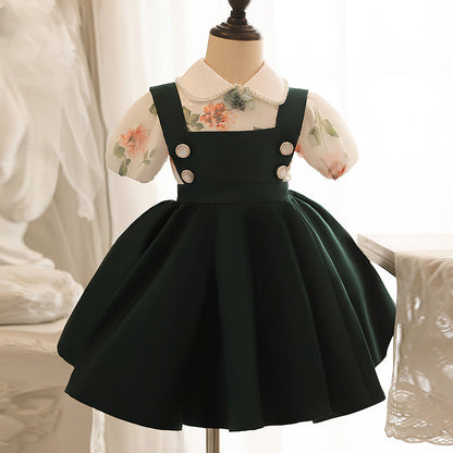 Sweet Green Satin Princess A-Line Dress for Girls | Doll Collar Party Dress