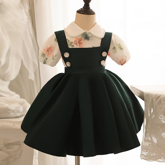 Sweet Green Satin Princess A-Line Dress for Girls | Doll Collar Party Dress