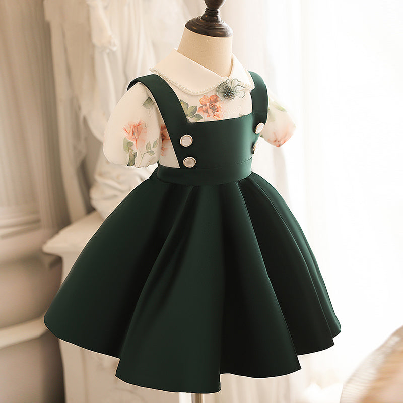 Sweet Green Satin Princess A-Line Dress for Girls | Doll Collar Party Dress