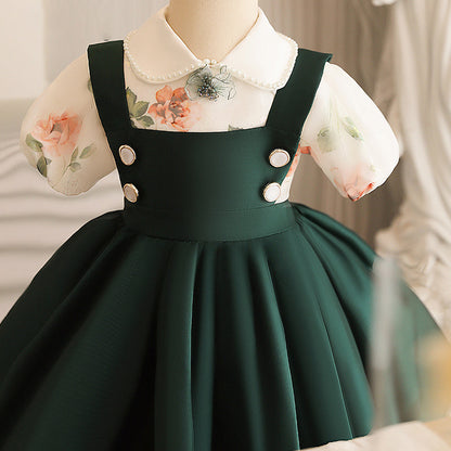 Sweet Green Satin Princess A-Line Dress for Girls | Doll Collar Party Dress