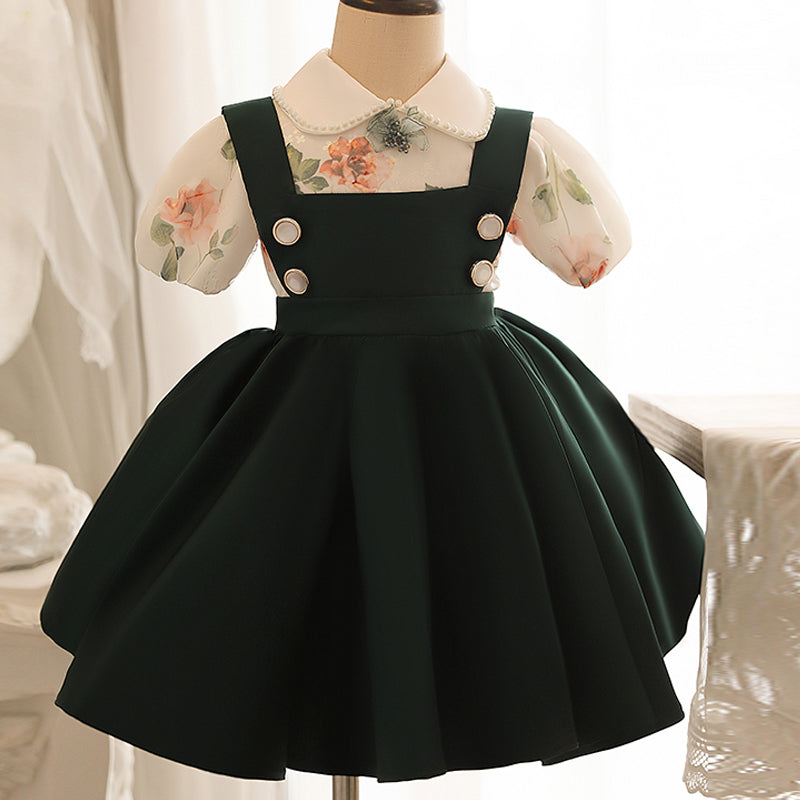Sweet Green Satin Princess A-Line Dress for Girls | Doll Collar Party Dress