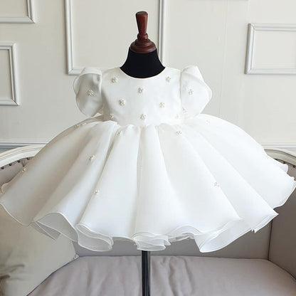 White Puffy Organza Party Dress for Girls – Sequin & Bead Embellished Ball Gown