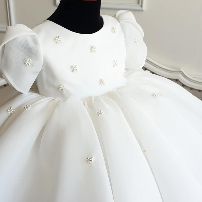 White Puffy Organza Party Dress for Girls – Sequin & Bead Embellished Ball Gown